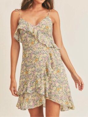 Astr Floral Ruffle Slip Dress - Pastel Yellow & Lavender